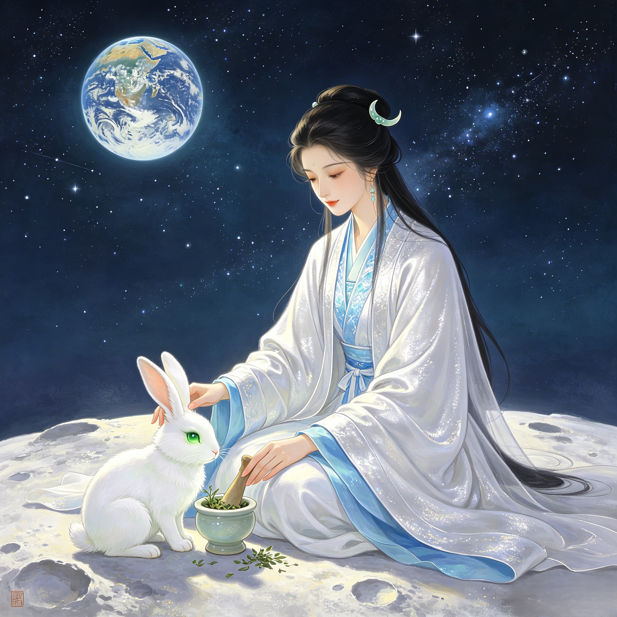 Chang'e and the Jade Rabbit — intimate portrait of the Moon Goddess with her companion on the lunar surface