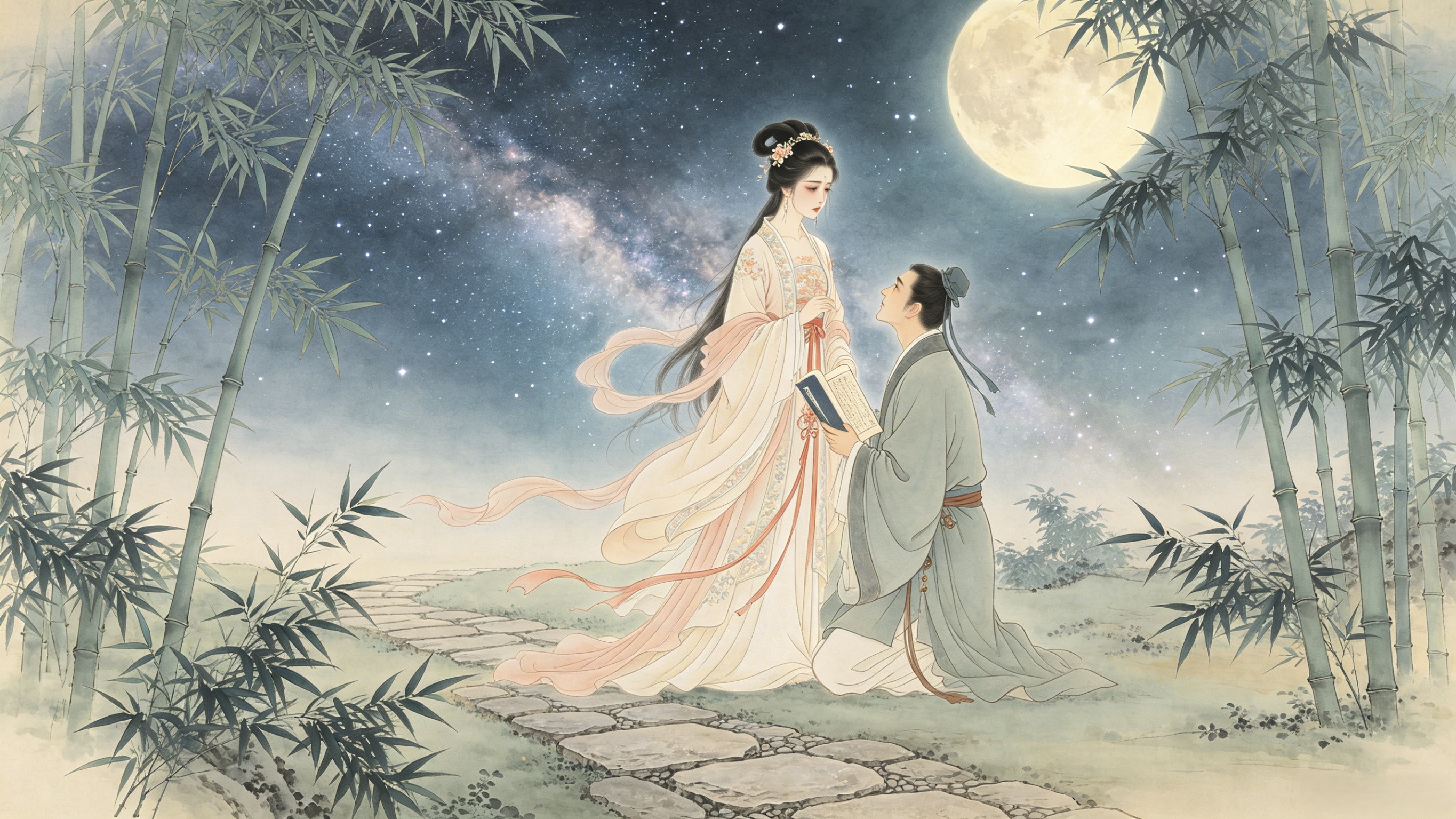 Celestial princess and mortal scholar in love beneath the moon