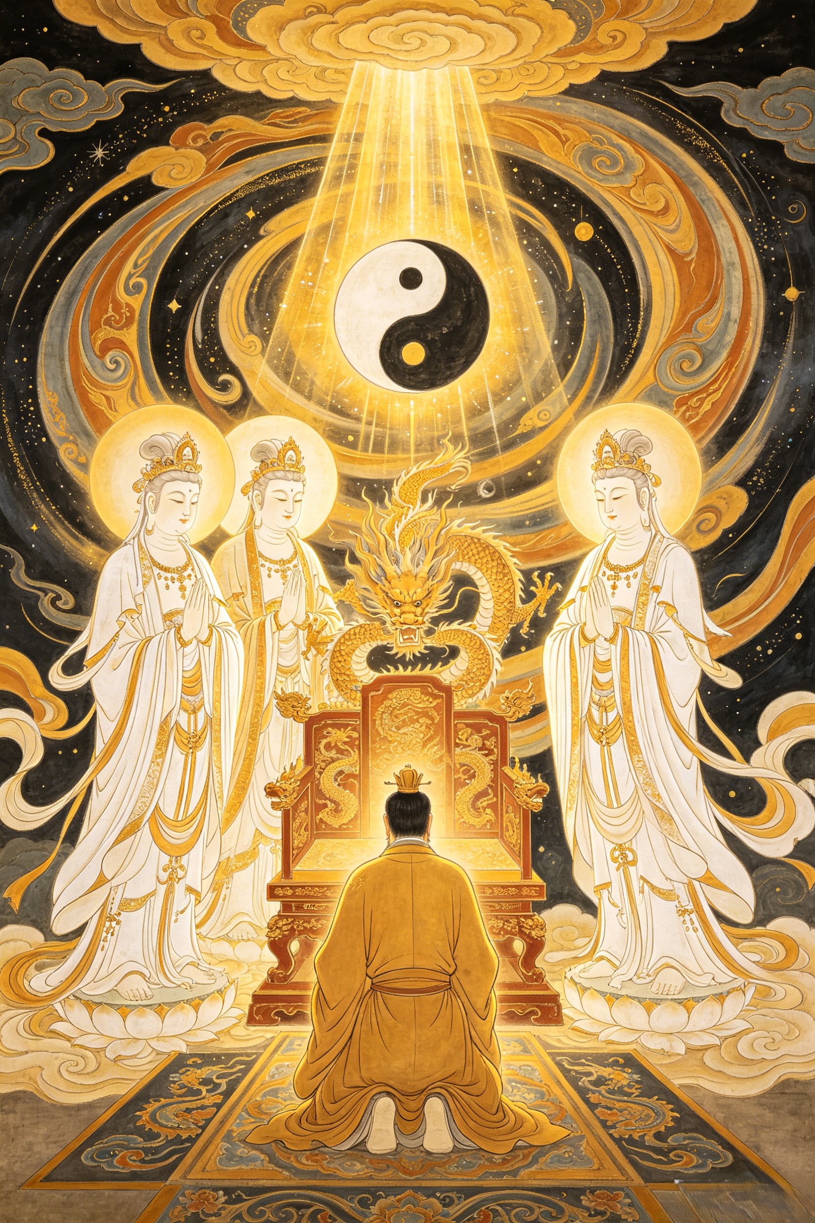 The Three Pure Ones elevating Zhang Youren to the Jade Emperor