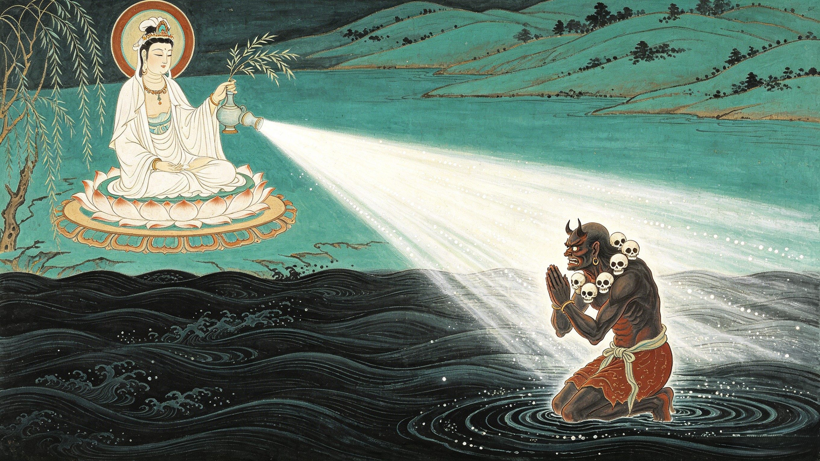 Guanyin offering salvation to Sha Wujing at the Flowing Sands River