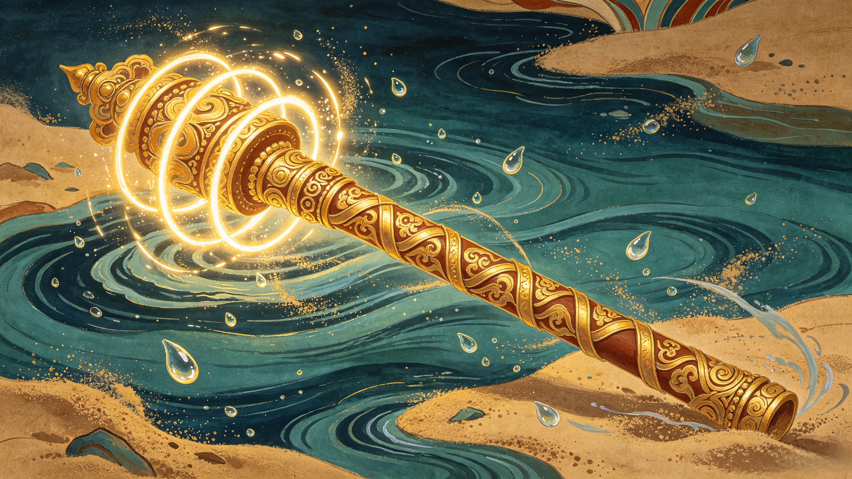 Sha Wujing's Demon-Quelling Staff — gold-ringed cudgel forged by Lu Ban