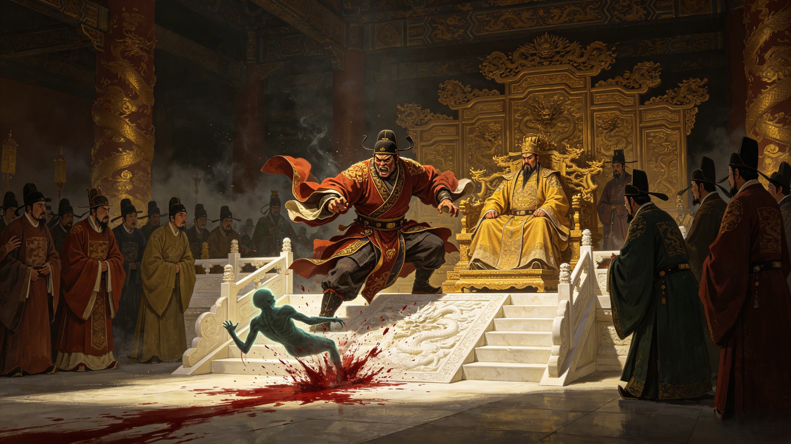 Zhong Kui, the top scholar with a grotesque face, smashing his head on the Tang palace steps after the emperor unjustly stripped his rank