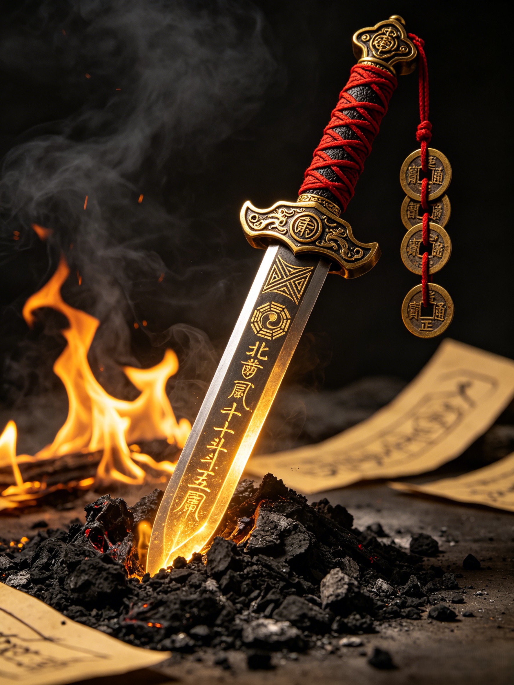 Zhong Kui in the heat of battle — his iron beard bristling, talismans flying, Seven-Star Sword raised against a horde of demons in the darkness