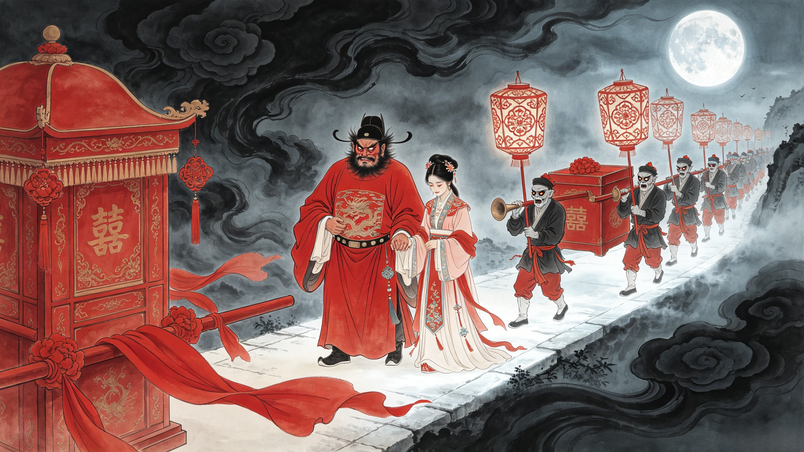 The Beijing Opera performance of Zhong Kui Marries Off His Sister — the demon queller in elaborate theatrical costume, leading a ghostly wedding procession on the classical Chinese stage
