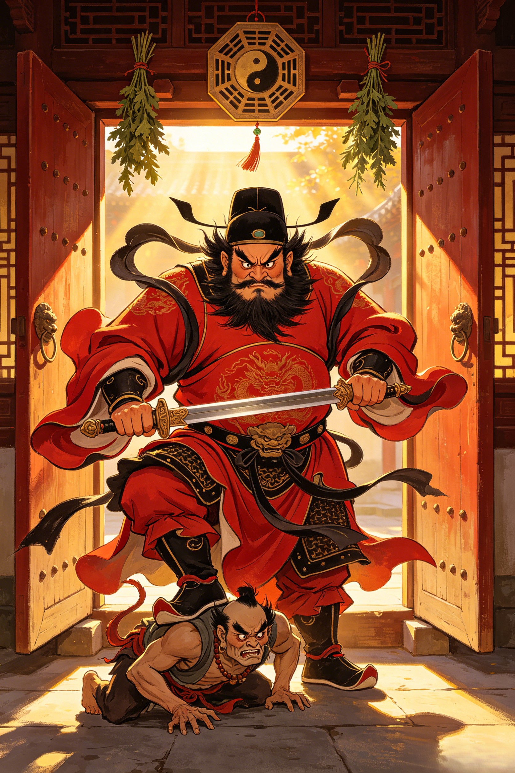A traditional Chinese door god painting of Zhong Kui — facing forward in his red robe, sword raised, stepping on a demon, surrounded by golden symbols and door-frame imagery
