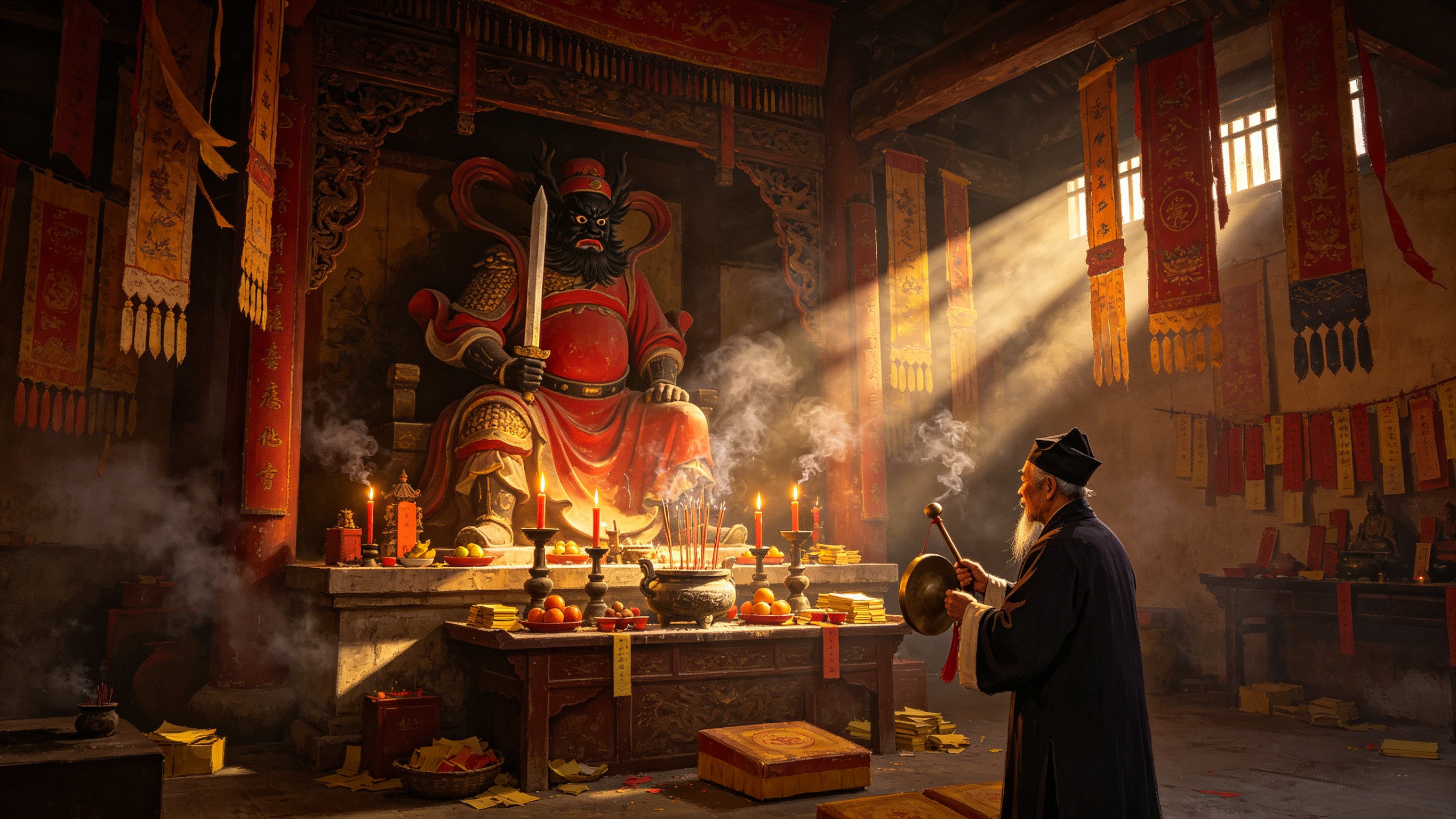 The interior of an ancient Zhong Kui temple — incense smoke swirling, candlelight flickering, a fierce statue of the Demon Queller at the center, offerings laid before him
